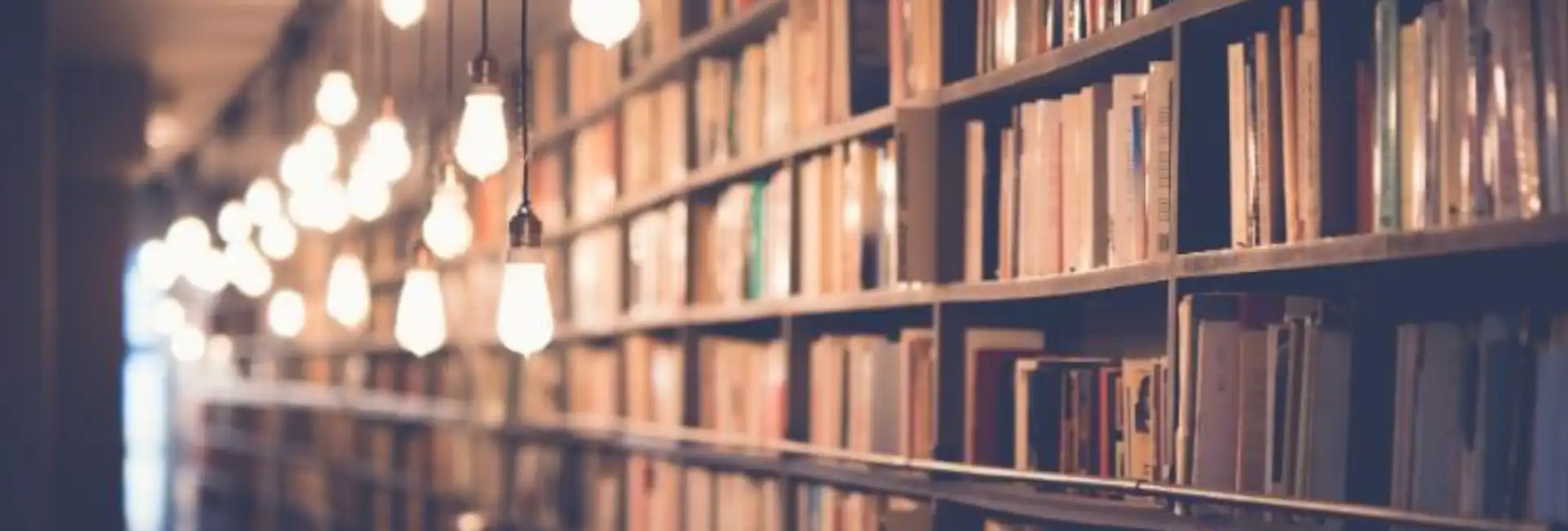 Books on shelves with light bulbs illuminating the scene